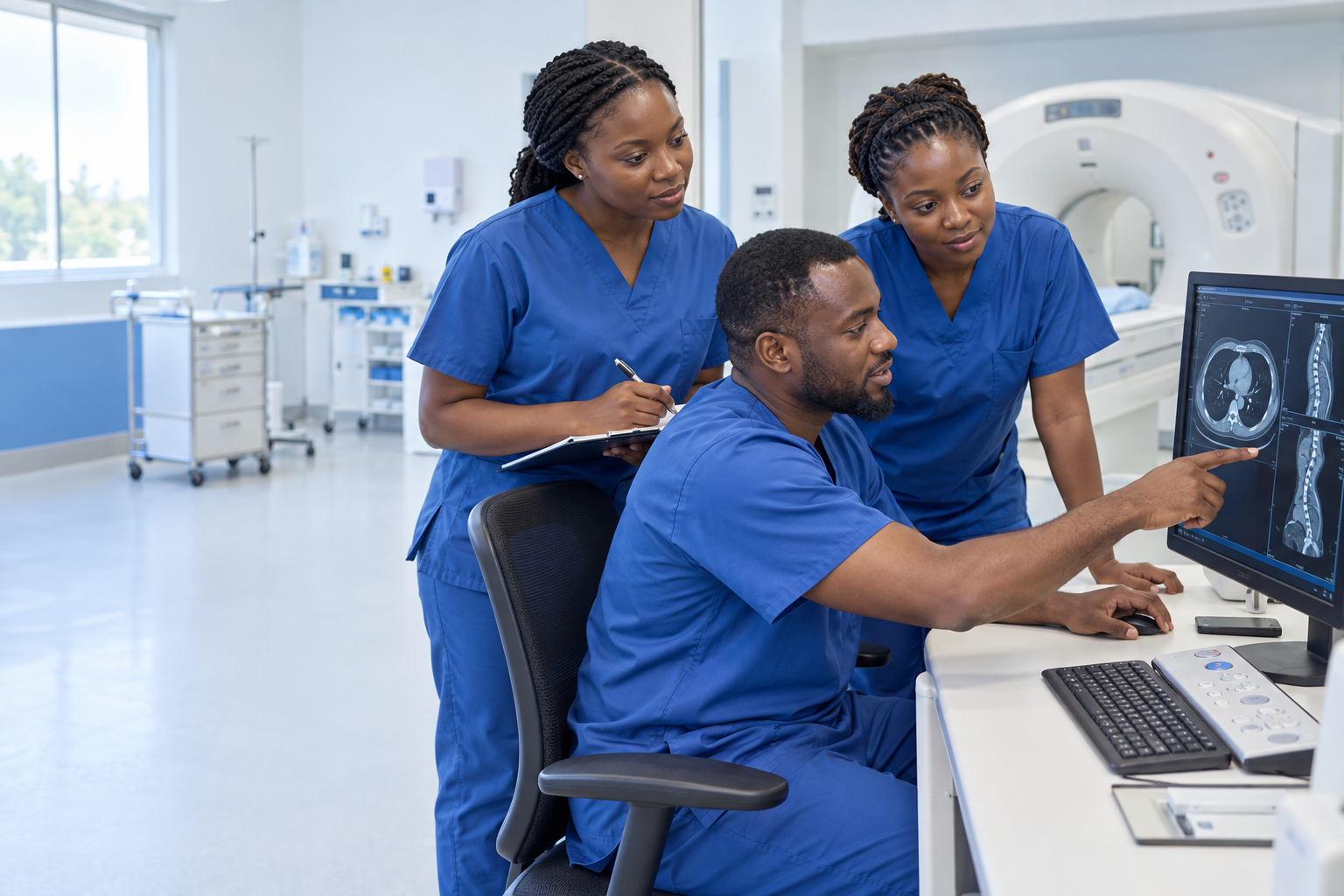 Illustrative radiography professionals collaborating in an imaging department